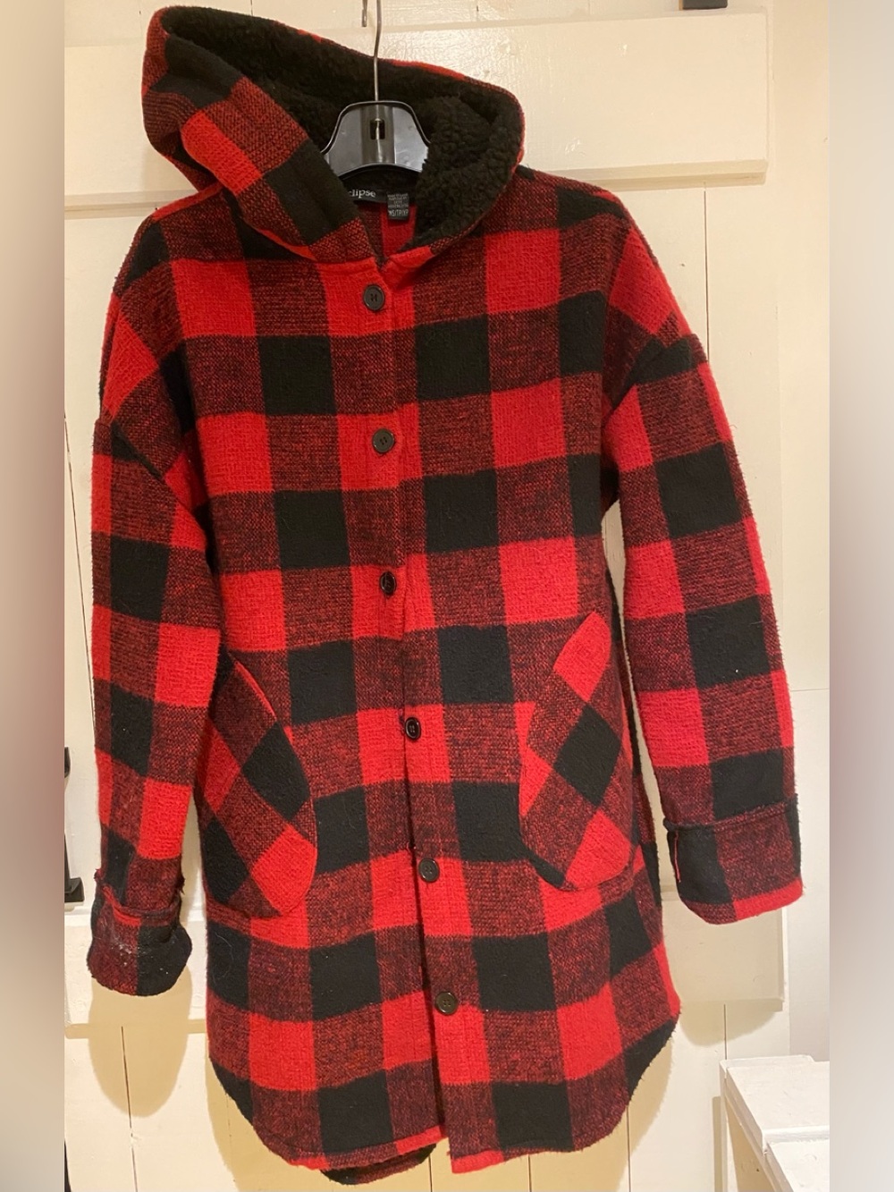 Women’s Long Cozy Lumberjack Red Black Check Sweater Coat XS